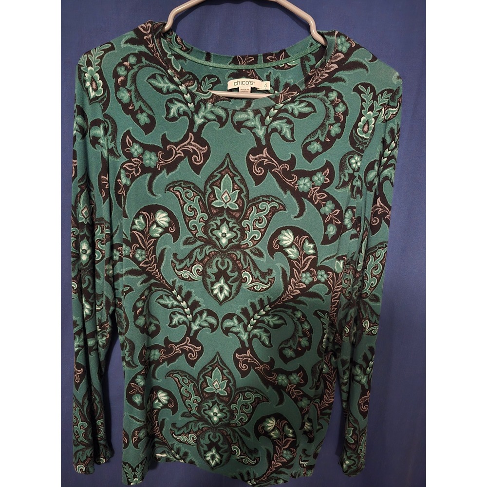 Chicos Womens Teal Green Black Damask Paisley Long Sleeve Top Size 2 Large L
